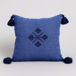 Royal blue Moroccan boho cushion with black embroidered pattern