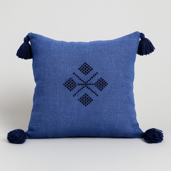 Royal blue Moroccan boho cushion with black embroidered pattern