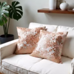 Orange decorative pillow covers styled with monstera plant
