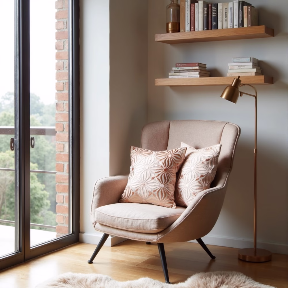 Modern living room with embroidered decorative pillows