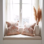 Orange decorative pillows styled with pampas grass