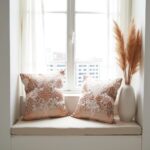 Embroidered cotton pillow covers 18x18 with raised floral design on window seat with pampas grass