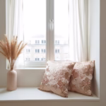 Embroidered pillow covers by bright window
