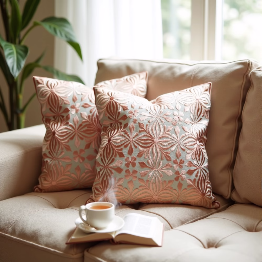 Set of embroidered decorative pillows on white sofa