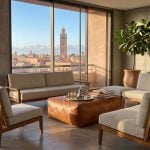 A tan square leather floor pouf styled with a silver Moroccan tea service in a modern penthouse living room overlooking the Marrakesh skyline.