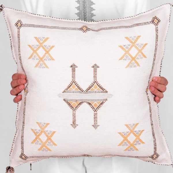 White cactus silk pillow cover with traditional design
