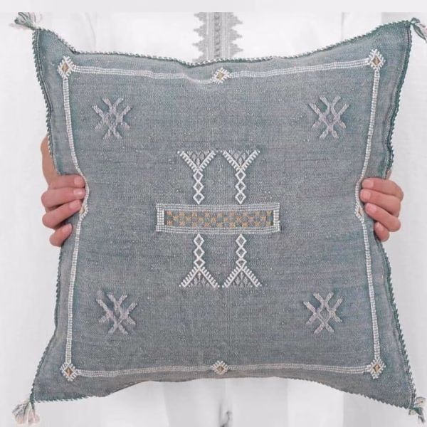 Blue gray cactus pillow cover with geometric motifs