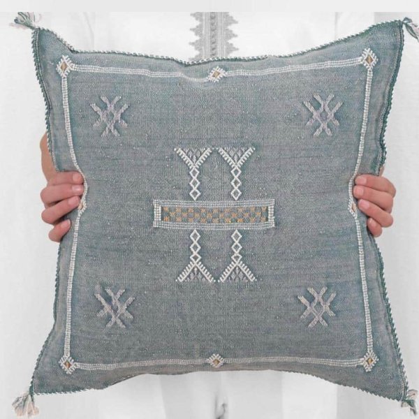 Sage blue cactus silk pillow cover with pastel geometric motifs handwoven Moroccan Sabra cushion 18x18