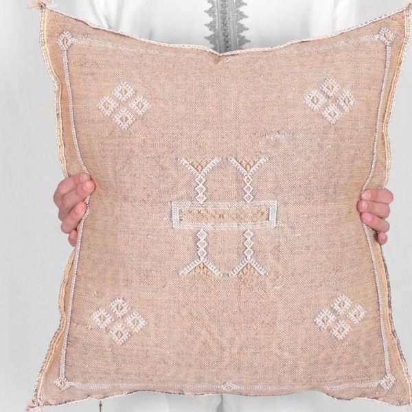Light beige cactus silk pillow cover with tan embroidered diamonds handcrafted Berber cushion tasseled 18x18