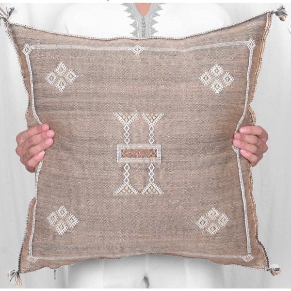 Taupe beige cactus silk pillow cover handwoven with white geometric embroidery Moroccan Sabra cushion 18x18