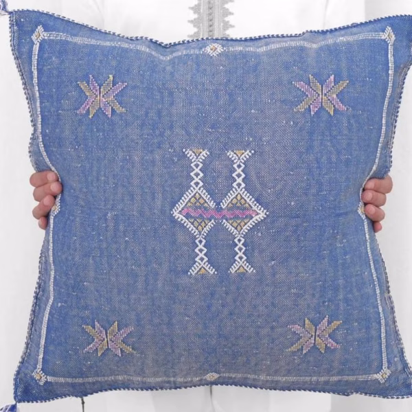 Blue cactus silk pillow cover with Berber symbols