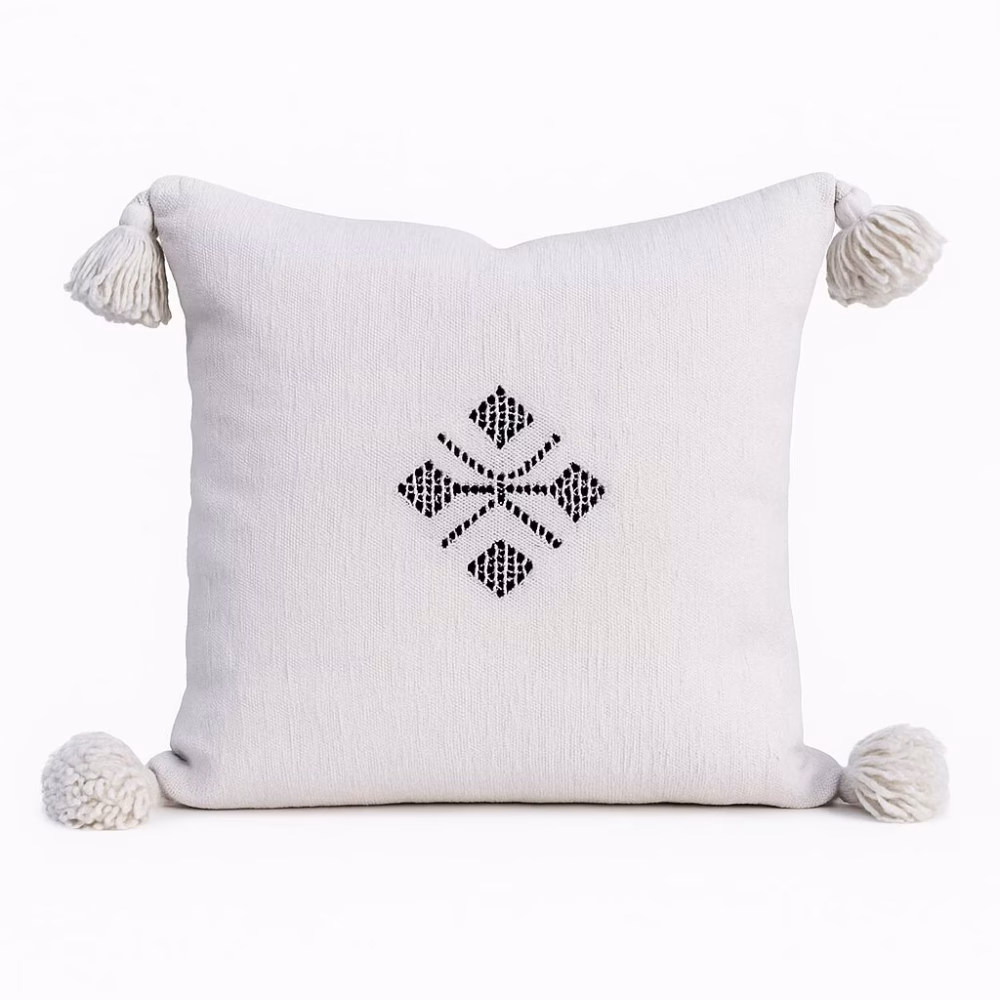 White cotton Moroccan boho cushion with black embroidered motif