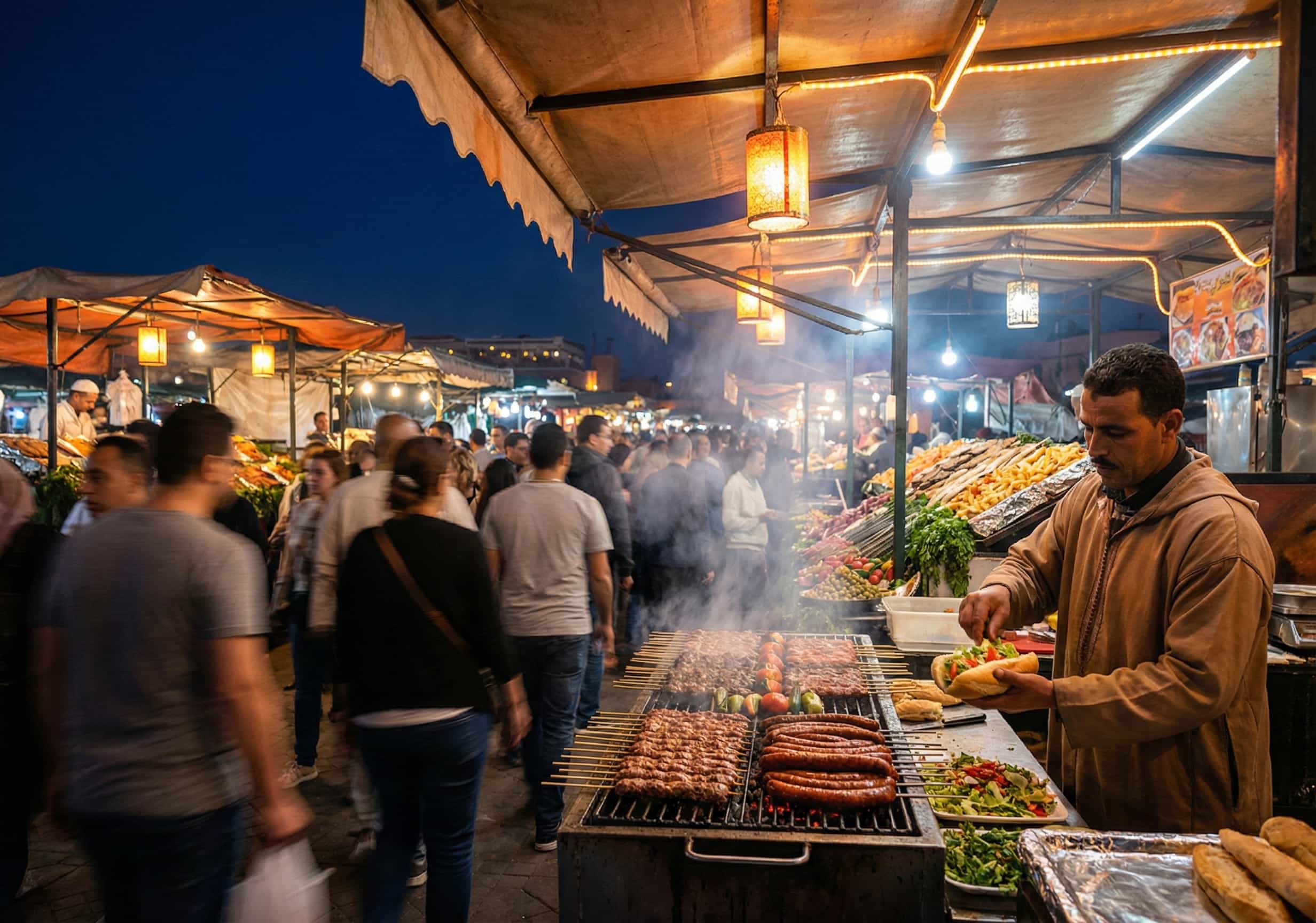 Moroccan cuisine: its secrets, features, global rankings, and the most famous Moroccan food ... Night scene at Jemaa El Fna square in Marrakesh showing traditional food stalls with grills, smoke, and atmospheric lighting, the heart of Moroccan fast food culture