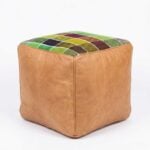 Tan camel leather and kilim cube ottoman with handwoven kilim patchwork top in multicolor geometric pattern
