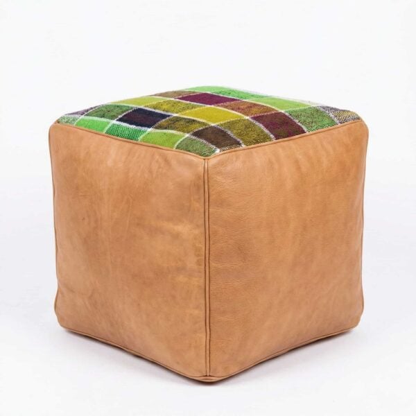 Tan camel leather and kilim cube ottoman with handwoven kilim patchwork top in multicolor geometric pattern