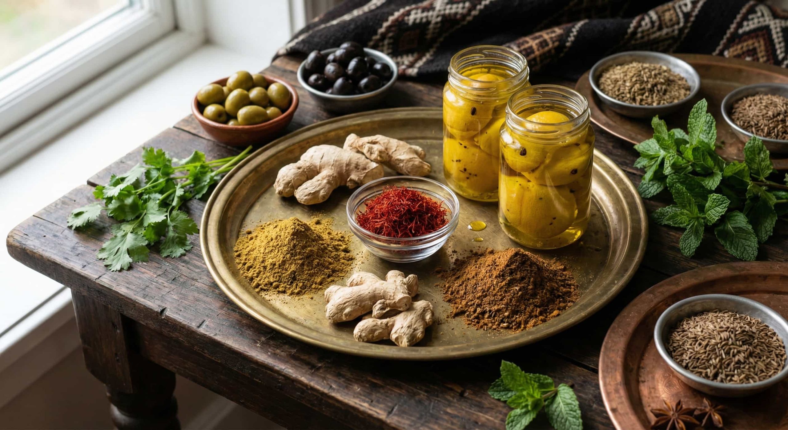 Moroccan cuisine: its secrets, features, global rankings, and the most famous Moroccan food ... Close-up of authentic Moroccan spices including saffron threads, cumin, preserved lemons, and olives in traditional brass bowls, essential for the sweet and savory flavor profile