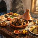 Luxurious spread of authentic Moroccan cuisine featuring lamb tagine with prunes, seven-vegetable couscous, mint tea, and preserved lemons in a traditional riad with zellige tiles