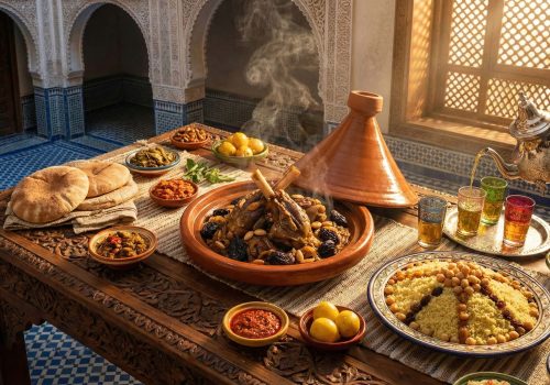 Luxurious spread of authentic Moroccan cuisine featuring lamb tagine with prunes, seven-vegetable couscous, mint tea, and preserved lemons in a traditional riad with zellige tiles