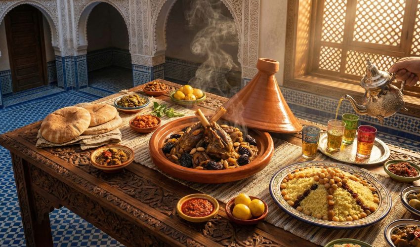 Luxurious spread of authentic Moroccan cuisine featuring lamb tagine with prunes, seven-vegetable couscous, mint tea, and preserved lemons in a traditional riad with zellige tiles