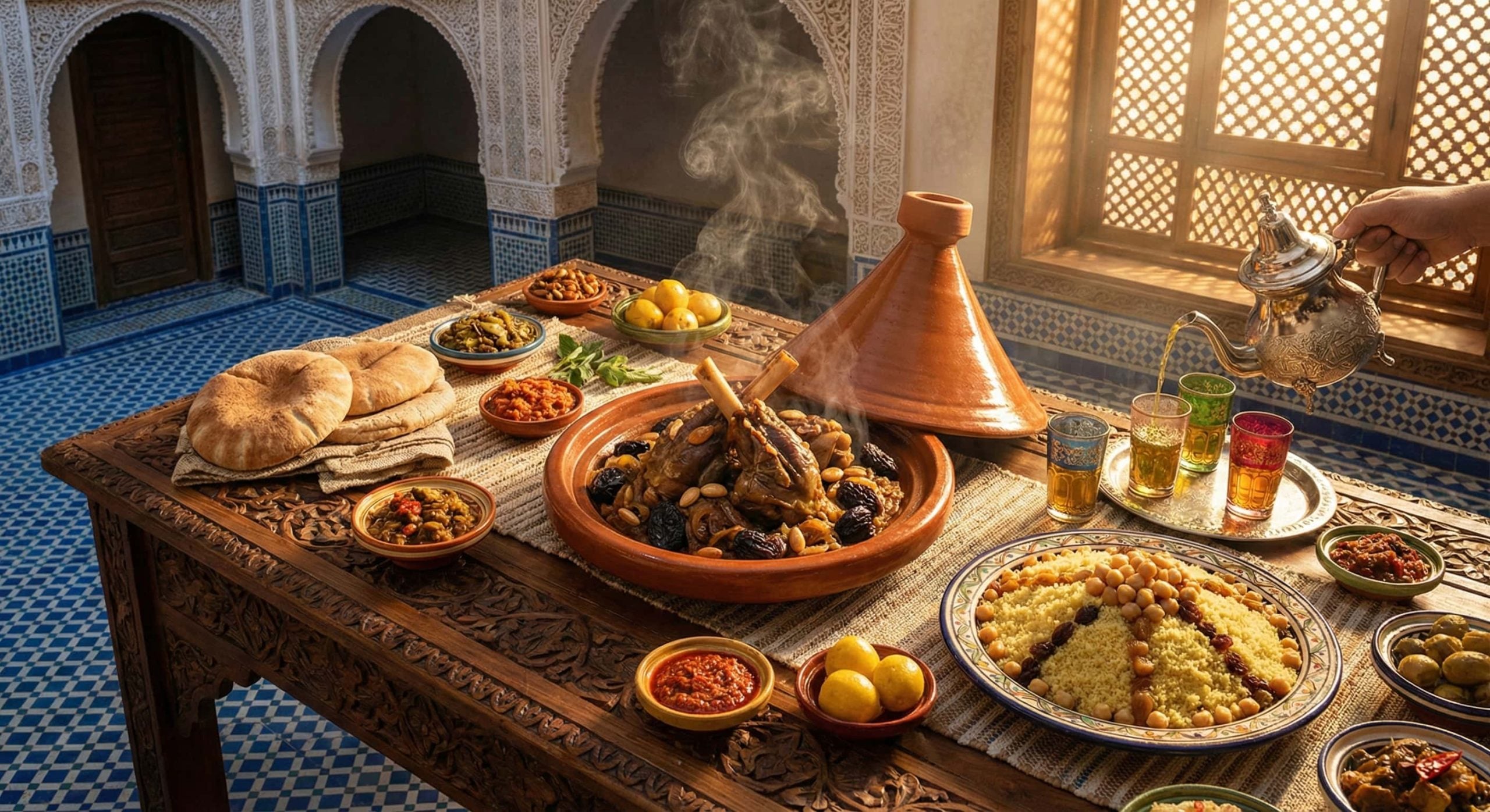 Luxurious spread of authentic Moroccan cuisine featuring lamb tagine with prunes, seven-vegetable couscous, mint tea, and preserved lemons in a traditional riad with zellige tiles
