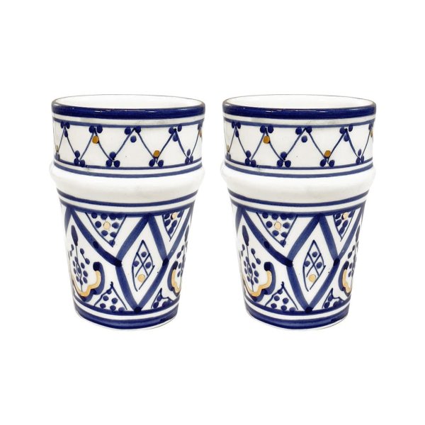 Pair of pink striped ceramic cups with gold accent rim, handmade pottery with horizontal stripes