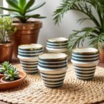 Four ceramic cups with gold trim featuring dark green striped patterns on natural woven placemat