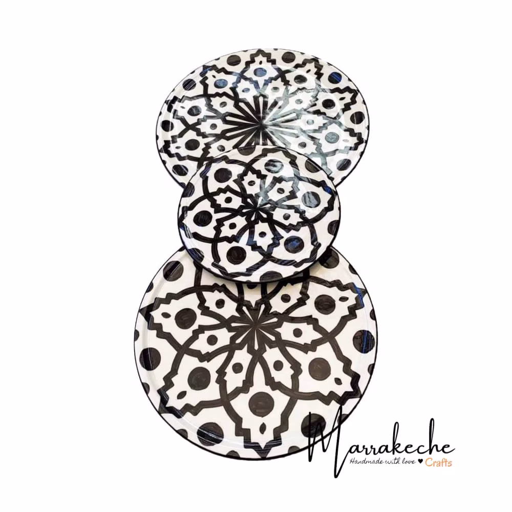 3 Piece Handpainted Moroccan Ceramic Plate Set, Black/white
