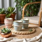 Sage green and pink striped ceramic cups with gold bands styled with mirror and succulents