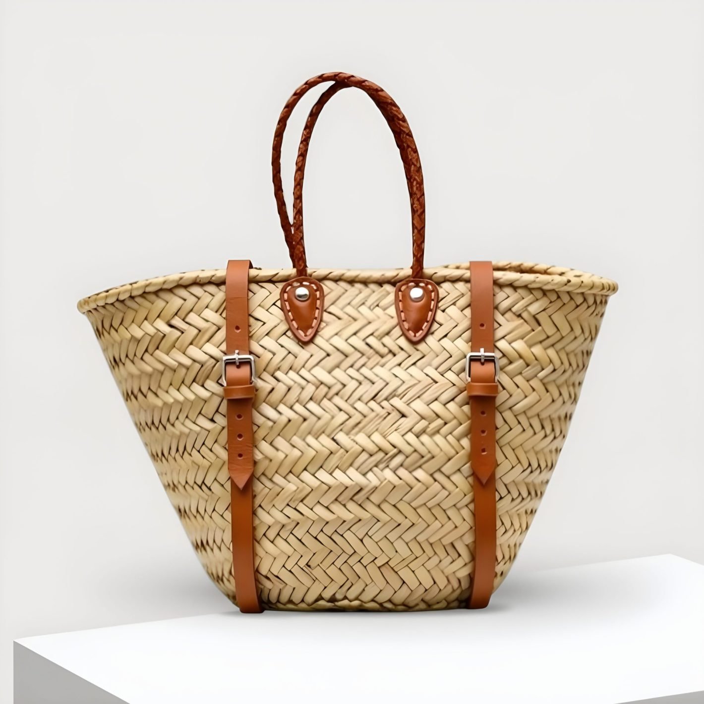 Sturdy Straw Backpack With Leather Handles Convertible straw backpack with herringbone weave and brown leather straps, handwoven natural basket tote