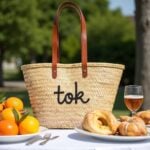Personalized straw bag with black cursive embroidery at outdoor breakfast beside pastries and fresh oranges