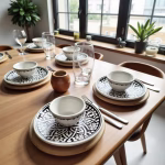 Black and white ceramic serving dishes with bowls in modern dining room