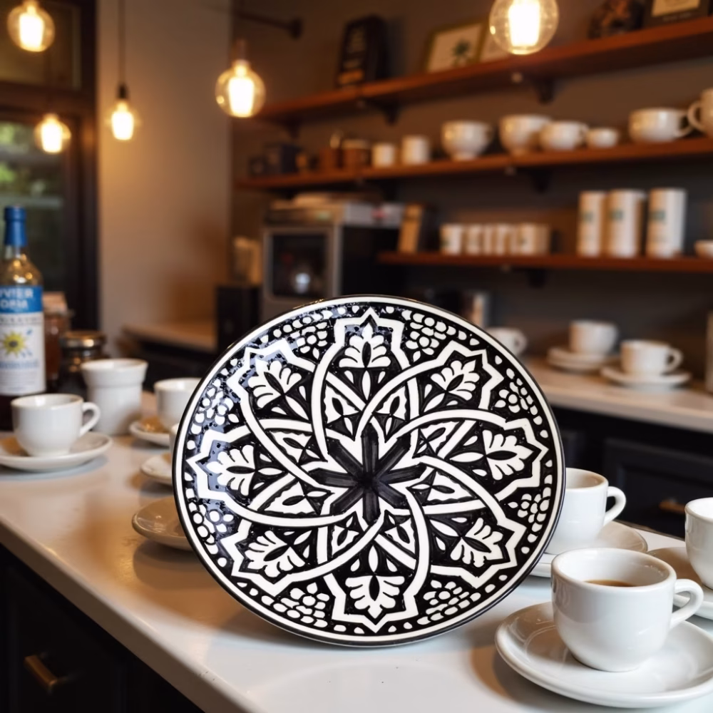 Black and white geometric pottery serving dishes in rustic cafe setting with coffee cups