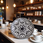 Black and white geometric pottery serving dishes in rustic cafe setting with coffee cups