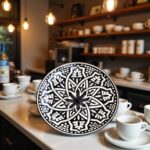Close-up geometric ceramic serving dish 25cm with intricate black and white hand-painted mandala star pattern