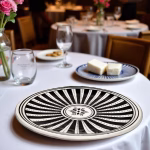 Black ceramic plate painting featuring traditional Moroccan starburst design in elegant dining setting