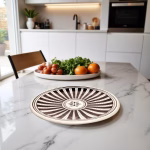 Black ceramic plate painting showing intricate radial pattern design