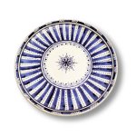 Blue hand-painted ceramic plate with radiating sunburst pattern and floral medallion center, 25cm artisan dish