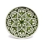 Hand-drawn geometric ceramic serving dish 25cm with forest green star mandala pattern and cream border detail