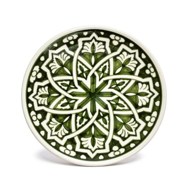 Hand-drawn geometric ceramic serving dish 25cm with forest green star mandala pattern and cream border detail