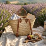 Convertible Straw Backpack Tote used as a picnic basket in a lavender field with bread, grapes, and a book peeking out