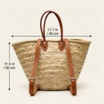 Convertible Straw Backpack Tote dimensions diagram showing 17.7 inches wide by 11.5 inches tall with braided leather handles