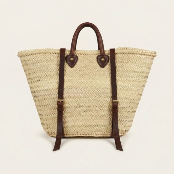 Convertible Straw Backpack Tote with dark brown leather straps and braided carry handles shown from the front