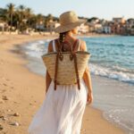 Woman carrying a Convertible Straw Backpack Tote on her back while walking along a sandy beach at golden hour