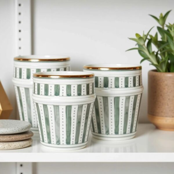 Set of 3 hand-painted ceramic tea cups with green stripes and gold rim on white shelf display