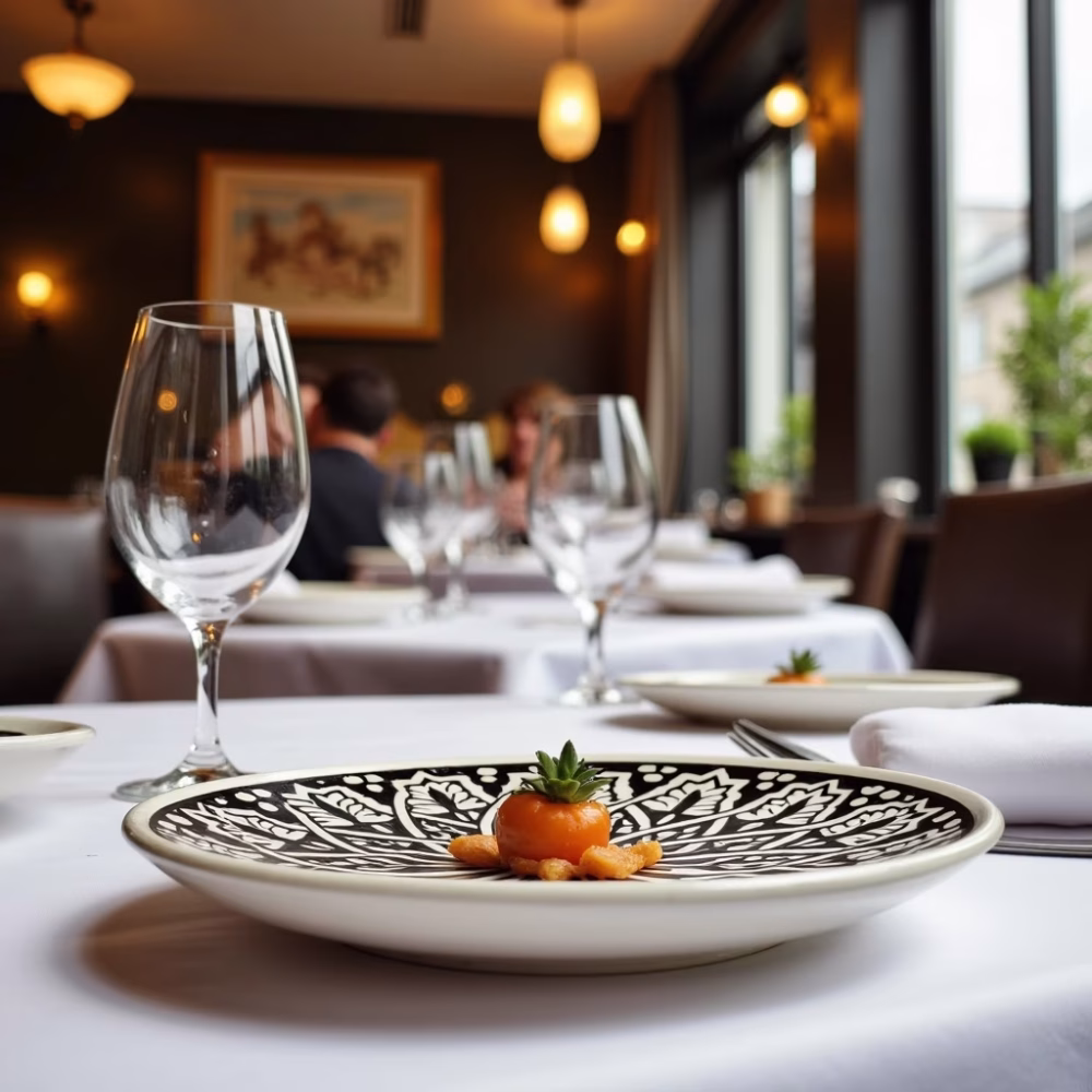 Elegant pottery serving dishes in upscale restaurant setting with wine glass