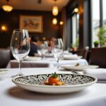 Geometric ceramic serving dish 25cm with black mandala showcasing appetizer garnish in fine dining restaurant