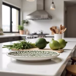 Green Moroccan pottery serving dishes on kitchen counter with fresh vegetables