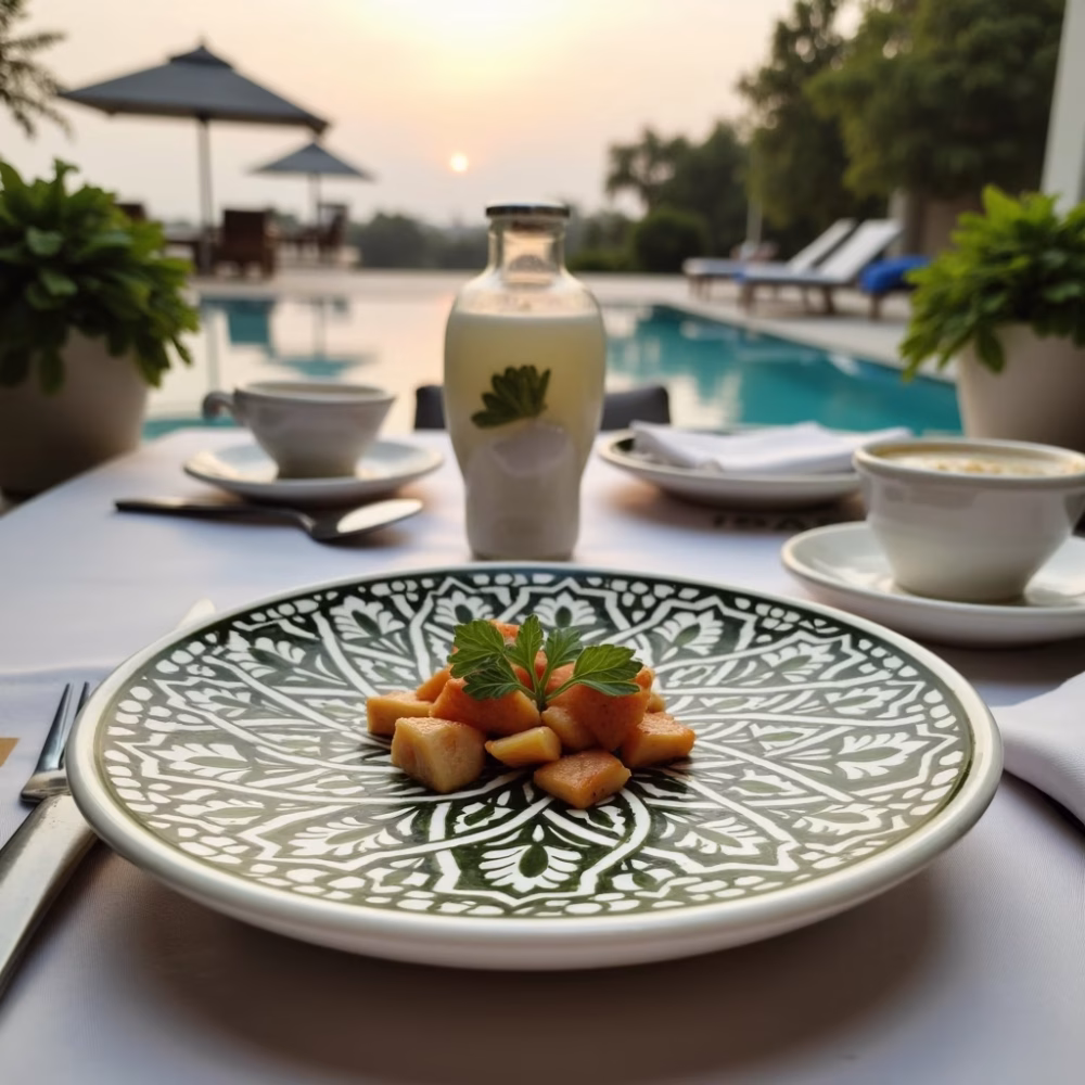 Green ceramic serving dish with appetizers by poolside outdoor dining area