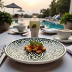 Green ceramic serving dish with appetizers by poolside outdoor dining area
