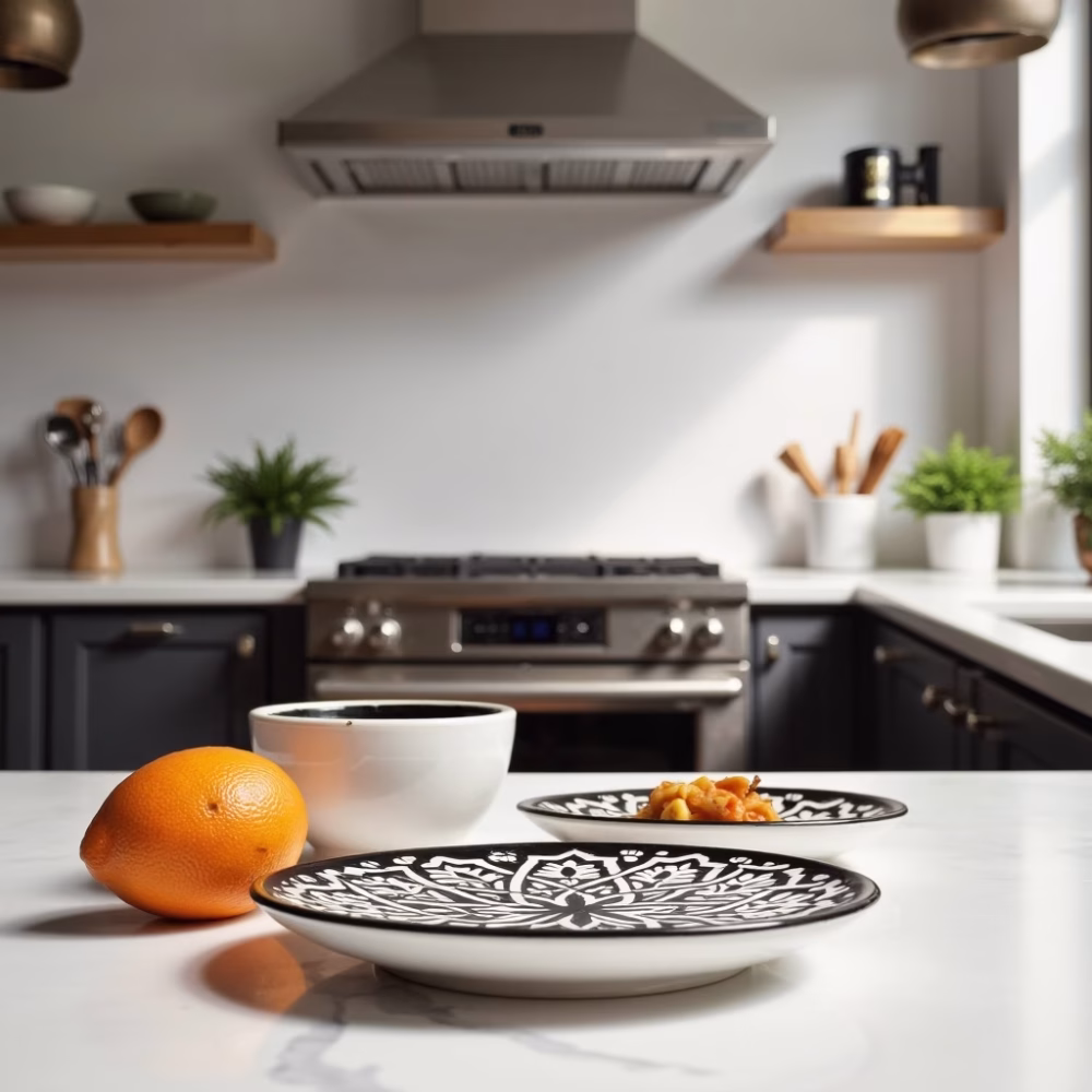 Green pottery serving dishes displayed in modern kitchen with fresh oranges and nuts
